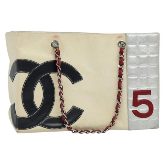 CHANEL Chain Tote Bag No5 Canvas Ivory Silver CC Auth 133727 - Picture 1 of 16